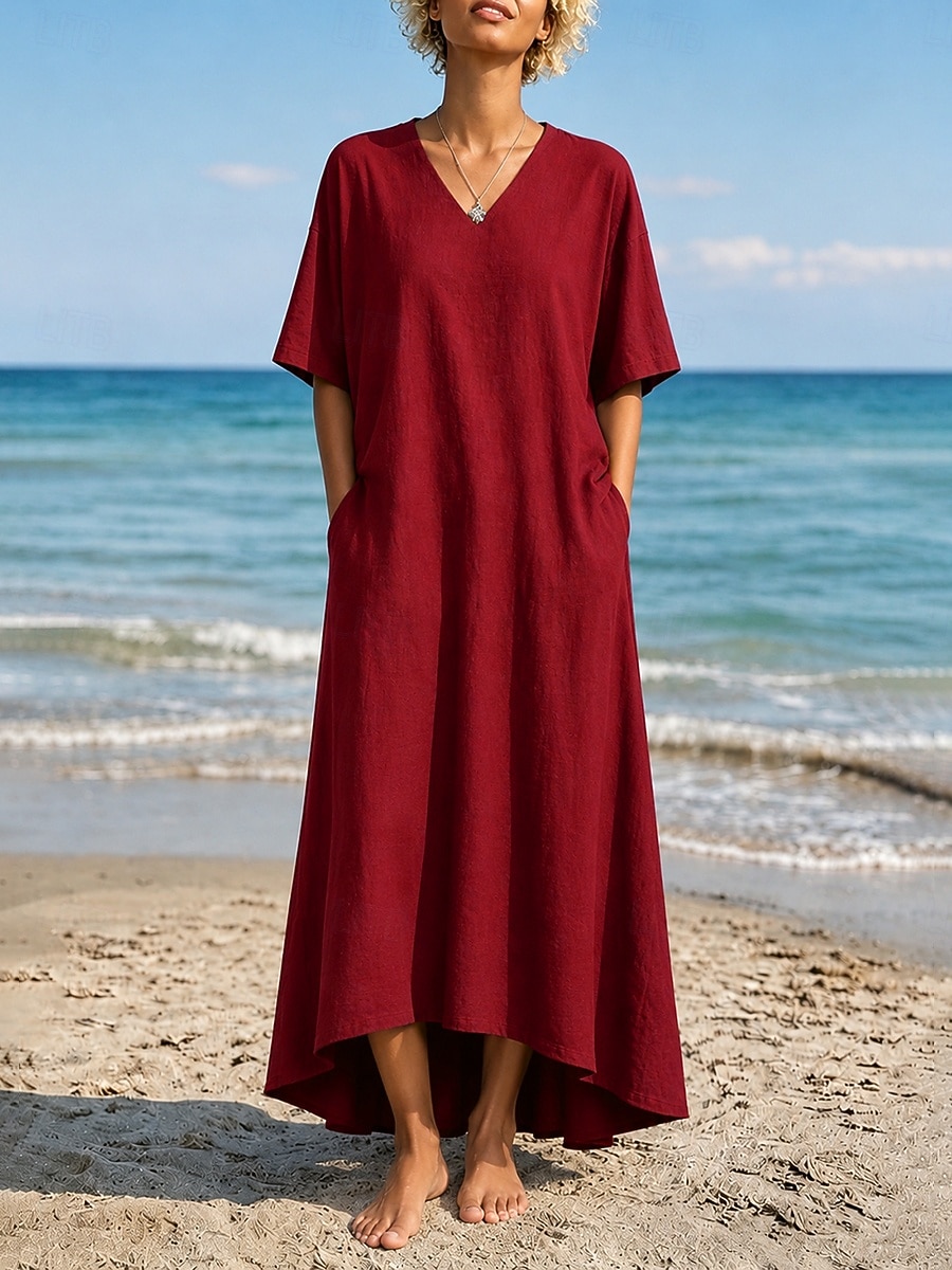 Boho V-Neck Cotton Linen Solid Color Loose Fit High-Low Hem Beach Cover Up  Maxi Dress 2026 - NZ $62.29