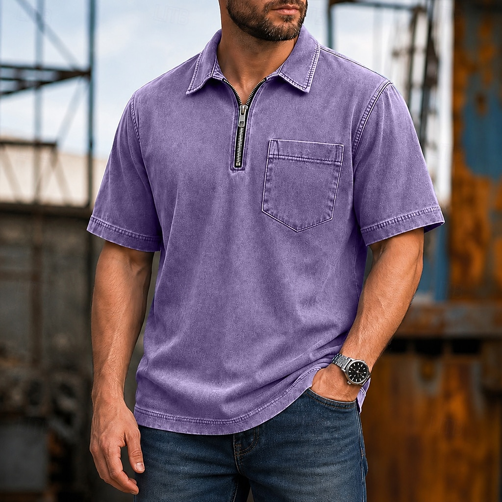 Koszule polo SoftFade™ Męskie 100% Bawełna Koszula z efektem washed Casual Codzienny ubiór Zamek ćwierć zamka Krótki rękaw Vintage Podstawowa Gładka Kieszonka Zniszczona Lato Luźny krój Czarny Różowy 2026 - $35.99 –P9