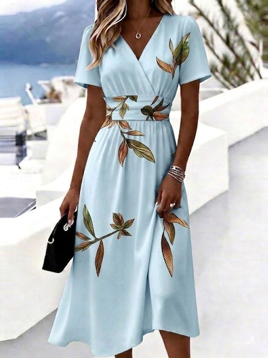 Women's Midi Dress A Line Dress Vacation Casual Boho Regular Fit Floral Graphic Short Sleeve V Neck Blue White Pink Beige Summer Spring 2026 - $37.99 –P3
