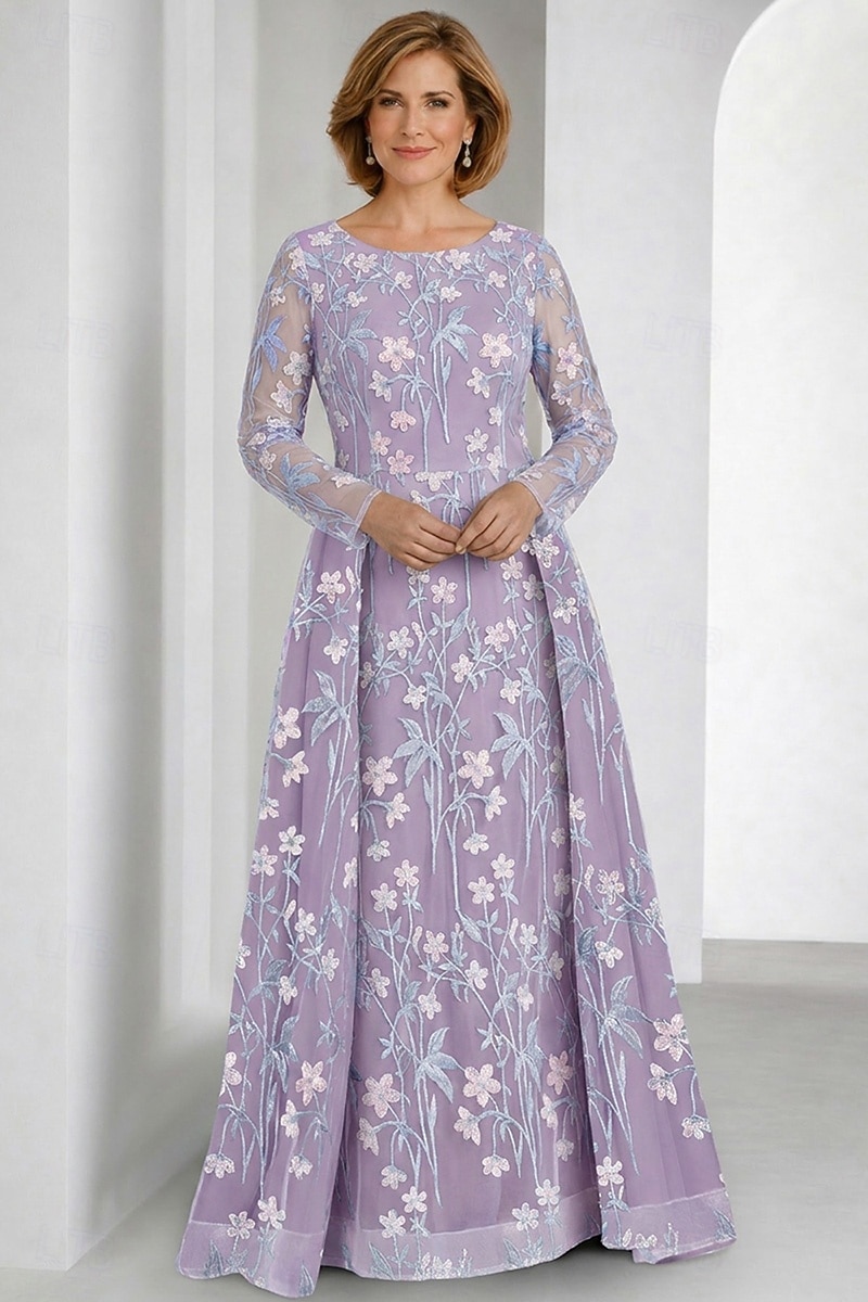 Dos Piezas Corte A Hasta el Suelo Vestido de Madrina Manga Larga Camiseta con cuello redondo Elegante Vintage Embellecido Formal Invitado a la boda Fiesta de Boda Encaje con Bordados Apliques 2026 - $194.99 –P7
