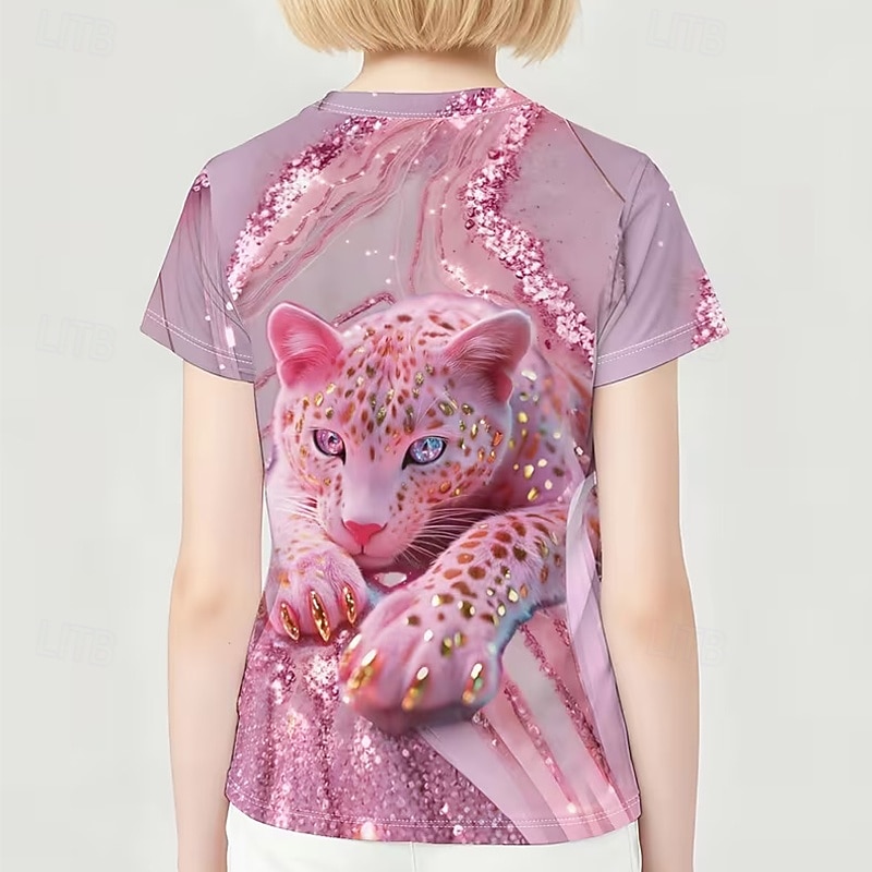 2026年 女の子 3D グラフィック レオパード Tシャツ Ｔシャツ 半袖 3Dプリント 夏 春 スポーツ ファッション ストリートファッション 子供 5〜12年 クルーネック カジュアル 日常 アウトドア レギュラー  コレクション – $13.49 –P8