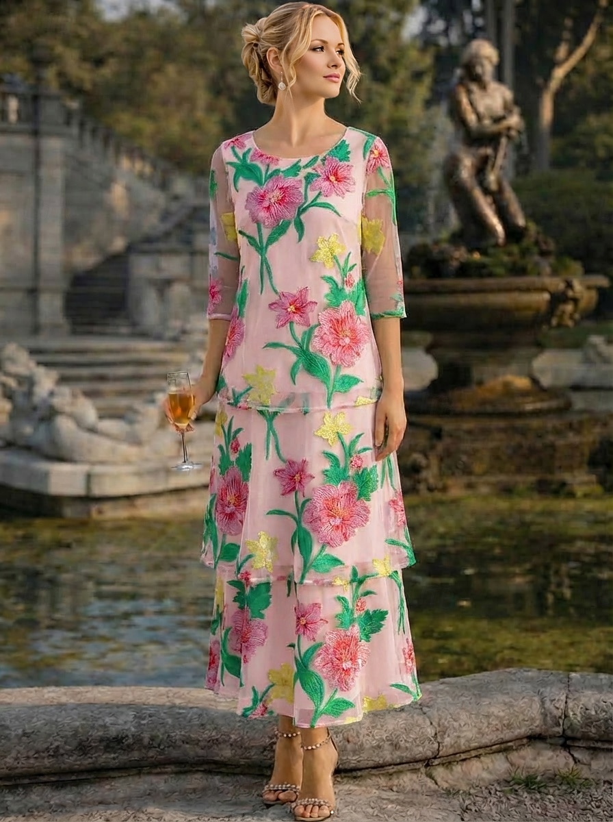 A-Linie Kleid Knöchellänge Partykleid Cocktailkleid Brautmutterkleid Halbarm Rundausschnitt Elegant Vintage Formell Hochzeitsgast Ferien Chiffon mit Blumenmuster Rüschen Stickerei 2026 - $183.99 –P8