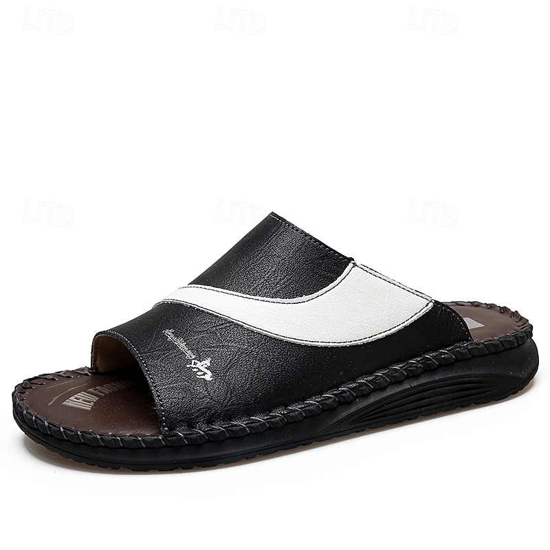 Sandálias masculinas bicolor pretas e brancas, modelo slide, com bico aberto, costuradas à mão, confortáveis e casuais para o verão, ideais para uso diário, férias, em casa e momentos de lazer ao ar livre. de 2026 por $34.99 –P2