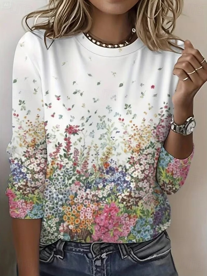 Ostern Damen T Shirt Druck Blumen Grafik Pflanzen Stilvoll Klassisch Modern Langarm Rundhalsausschnitt Rundhals Normale Oberteile Lässig Täglich Wochenende Weiß Leicht Rosa Grün Beige Sommer Frühling 2026 - $24.99 –P3