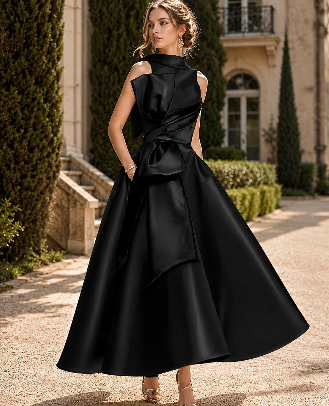 Linha A Longuette Vestidos de cocktail Vestidos de festa Elegante Sedoso Sem Manga Gola Redonda Casamento Formal Bolsos Cetim com Laço(s) Miçangas de 2026 por $149.99 –P10