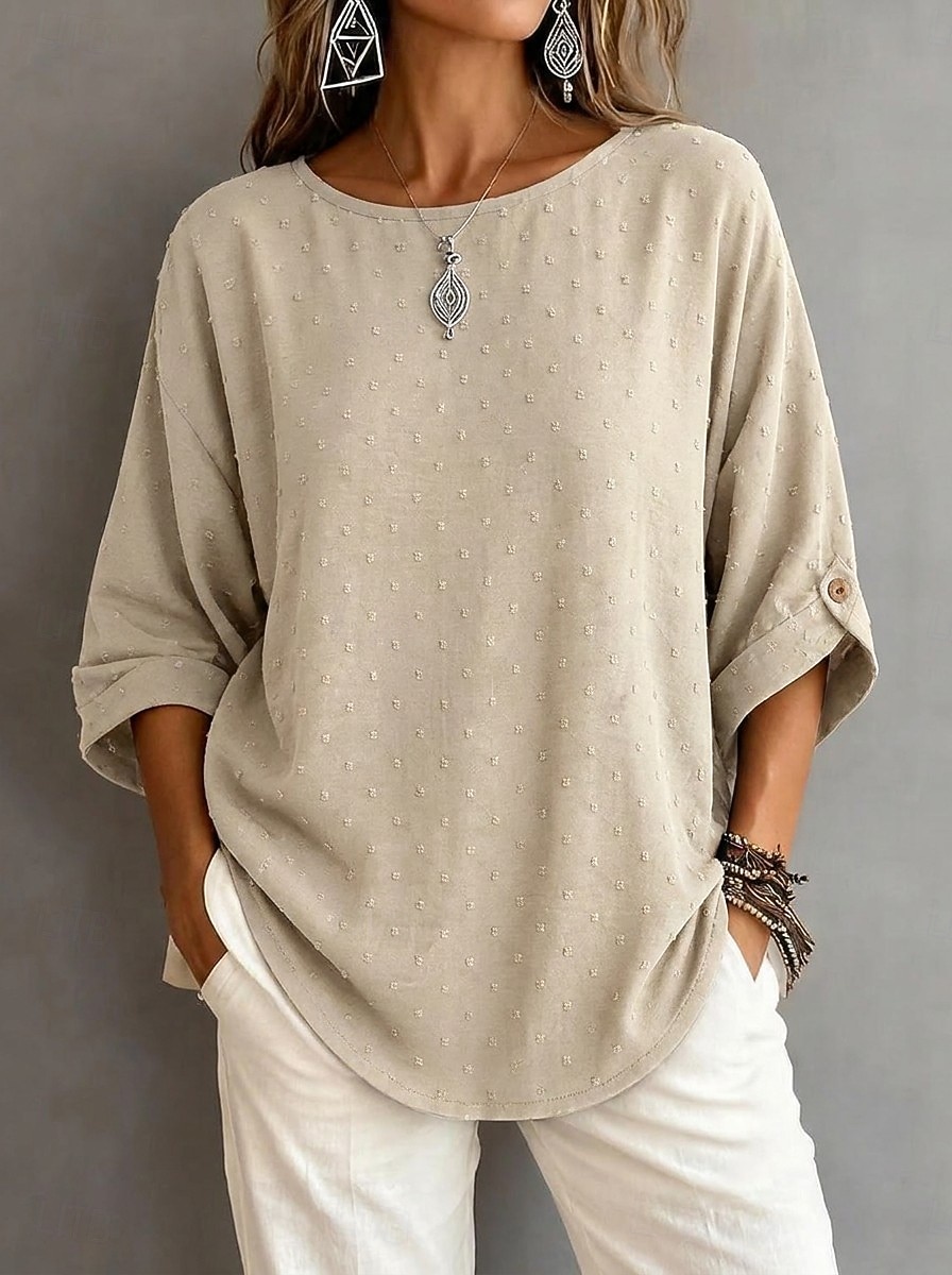Dame Skjorte Chiffongoverdeler Jacquard Knapper Helfarge Årgang Stilfull 3/4 ermer Crew-hals Vanlige topper Avslappet Ut på byen Kakifarget Svart Hvit Sommer Vår 2026 - $22.99 –P3