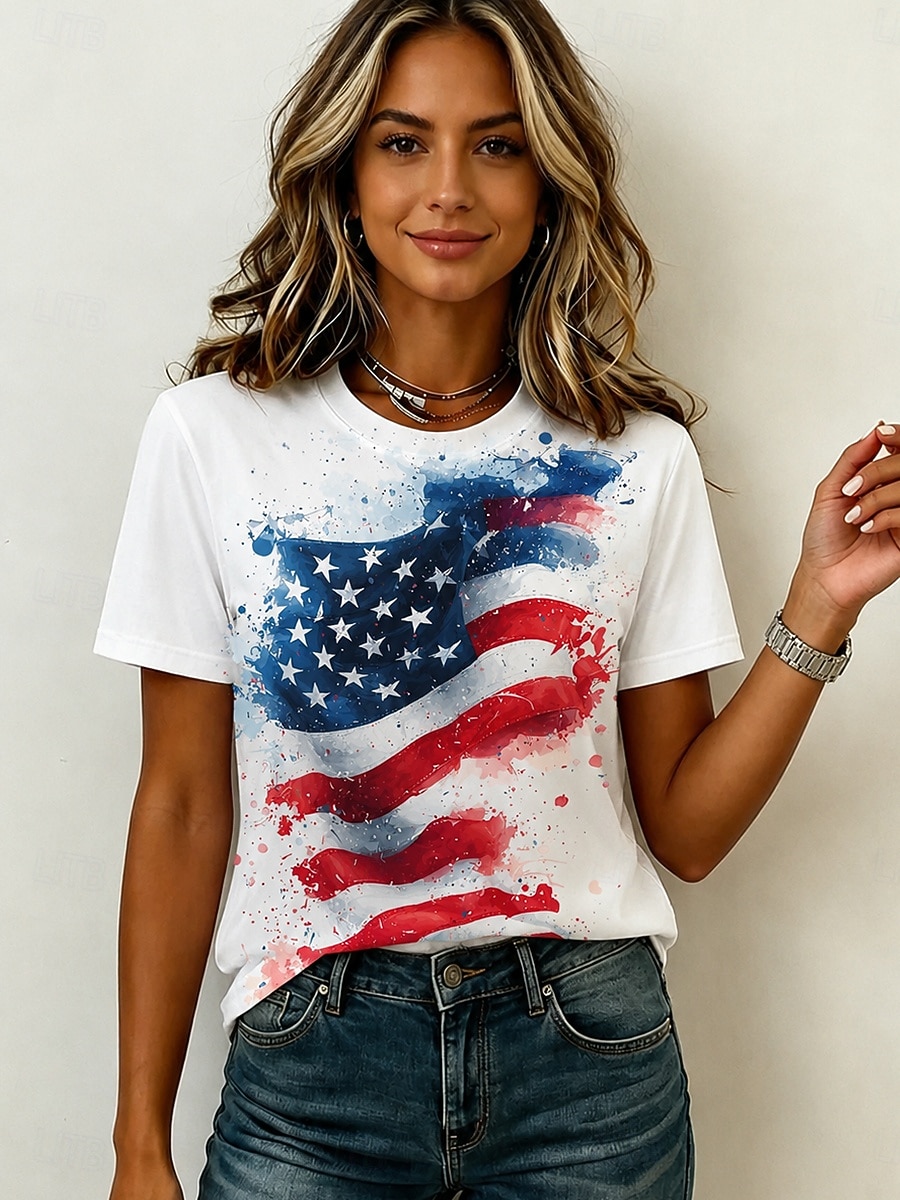 Amerikaanse onafhankelijkheidsdag Dames T-shirt Afdrukken Grafisch Amerikaanse vlag Vintage Modieus Casual Korte mouw Strakke ronde hals Normale tops Casual Dagelijks Weekend blauw Wit Rood 2026 - $21.99 –P1