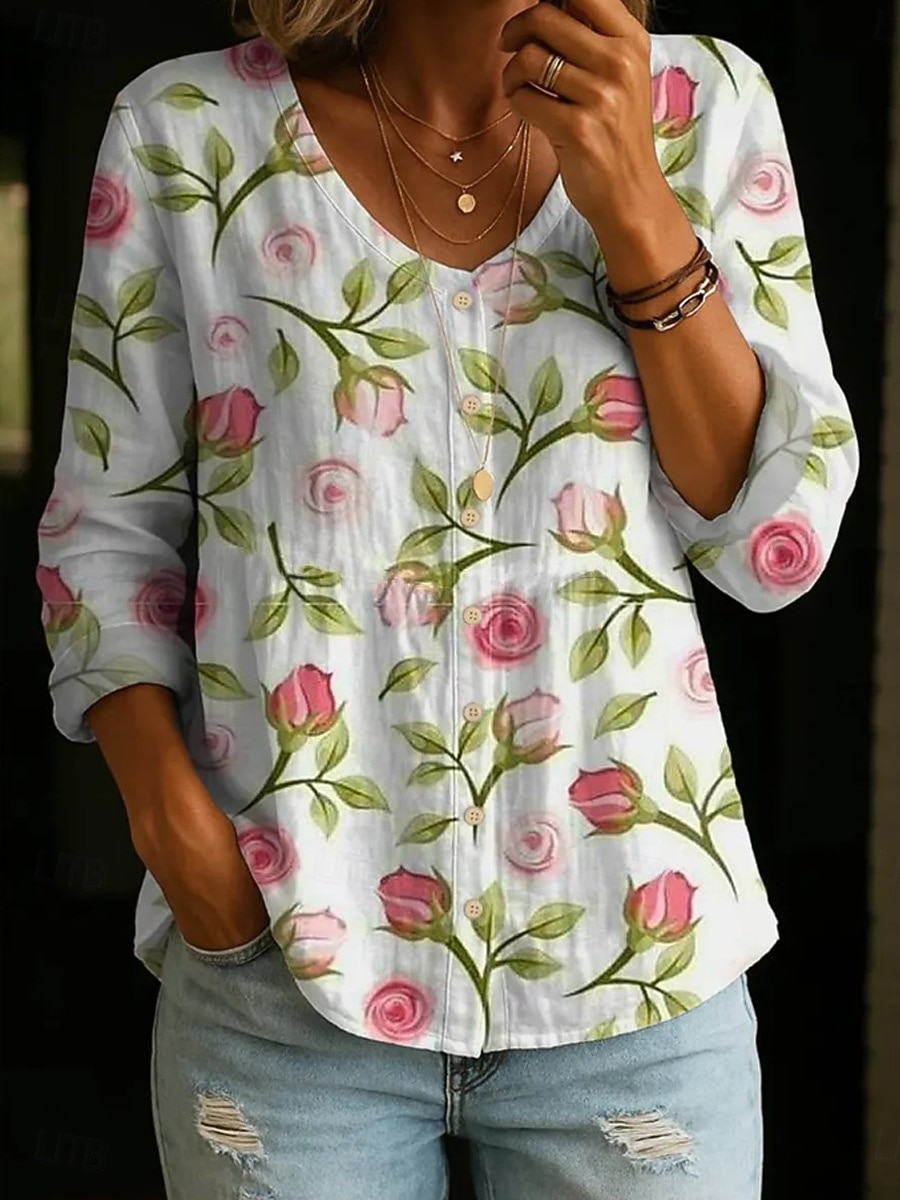 Per donna Camicia Bottoni Stampato Floreale Grafico Vintage Quotidiano Elegante Manica Lunga Scollo a V Top Regolari Casuale Quotidiano Bianco Rosa Beige Estate Primavera del 2026 a $34.99 –P5