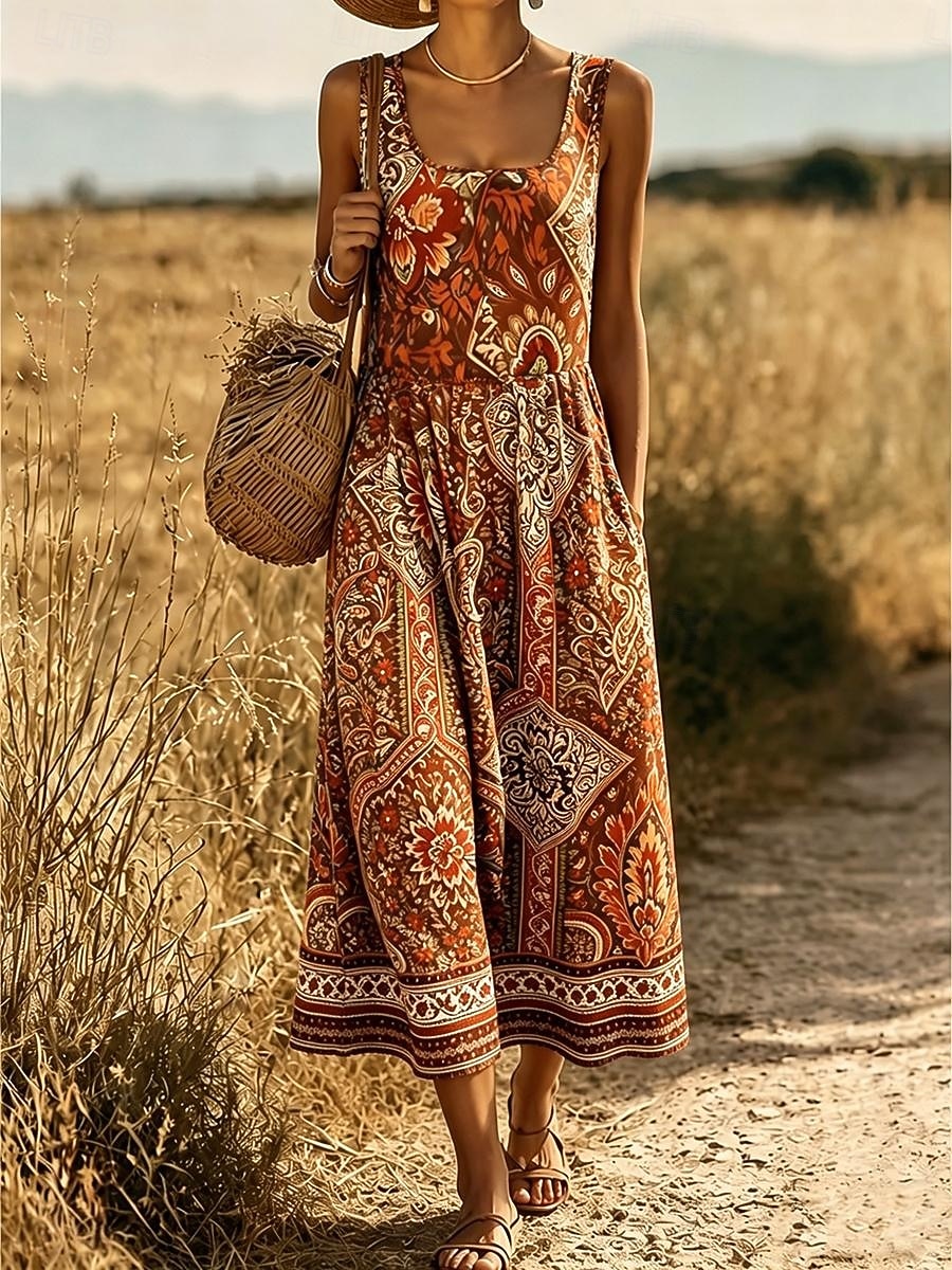 Femmes Robe Midi Robe d'Été Robe trapèze Robe à épaules dénudées Vacances Occasionnel Boho Plage Date Coupe régulière Graphique Paisley Tribal Sans manches Col en U Bleu Chameau Orange Vert Ét de 2026 ? $33.99 –P2