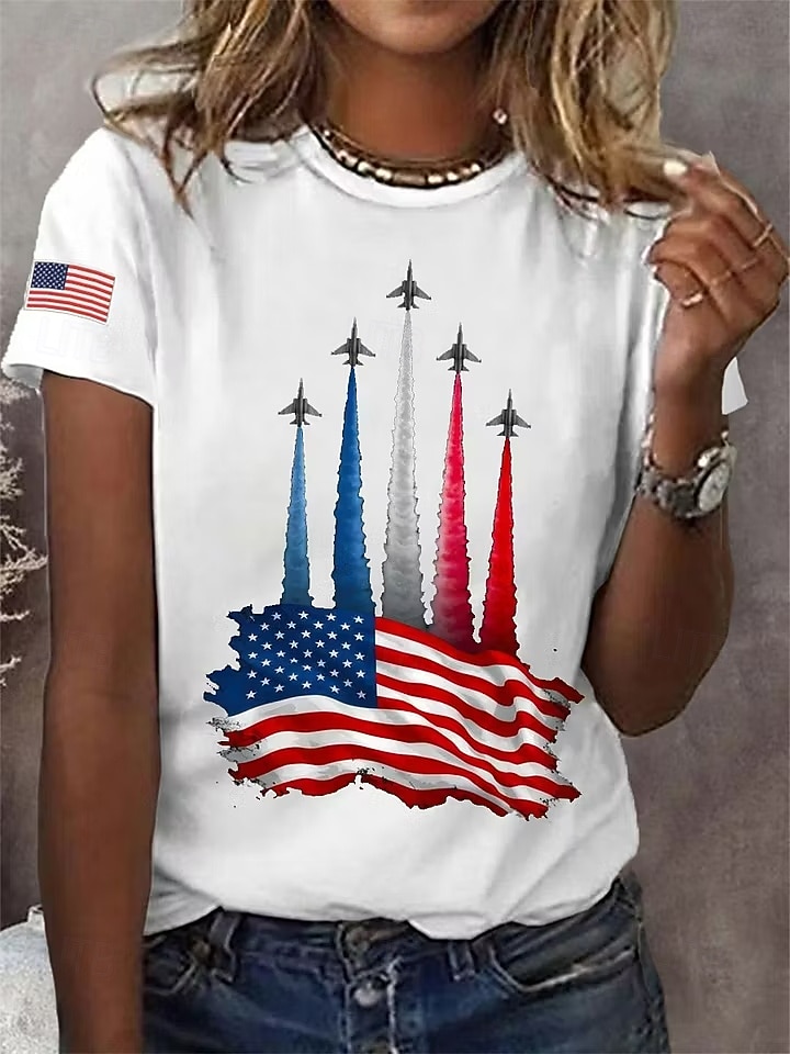 American Independence Day Women's T Shirt Print Graphic Flag Letter Vintage Fashion Stylish Short Sleeve Crew Neck Regular Tops Casual Daily Weekend Blue Black White Summer Spring Fall 2026 - $21.99 –P3