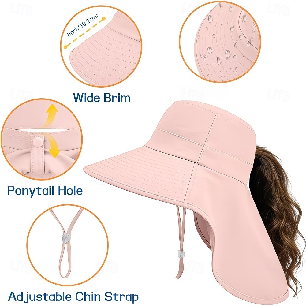 Sombrero de sol para mujer, plegable, de ala ancha, con solapa para cubrir el cuello y abertura para coleta. Permite llevar coleta sin oprimir la cabeza. Transpirable y fresco, ideal para vacaciones 2026 - $9.99 –P9