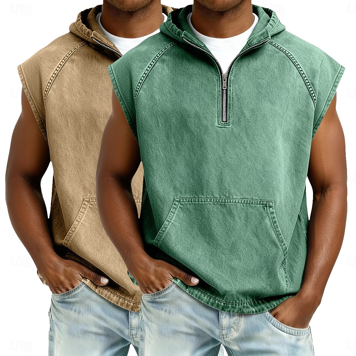 softfade™ canotta da uomo 2 pezzi top gilet top in denim camicia lavaggio acido senza maniche cappuccio zip estate primavera semplice capo basic tinto cappuccio casual vacanza strada nero kaki top del 2026 a $62.99 –P10