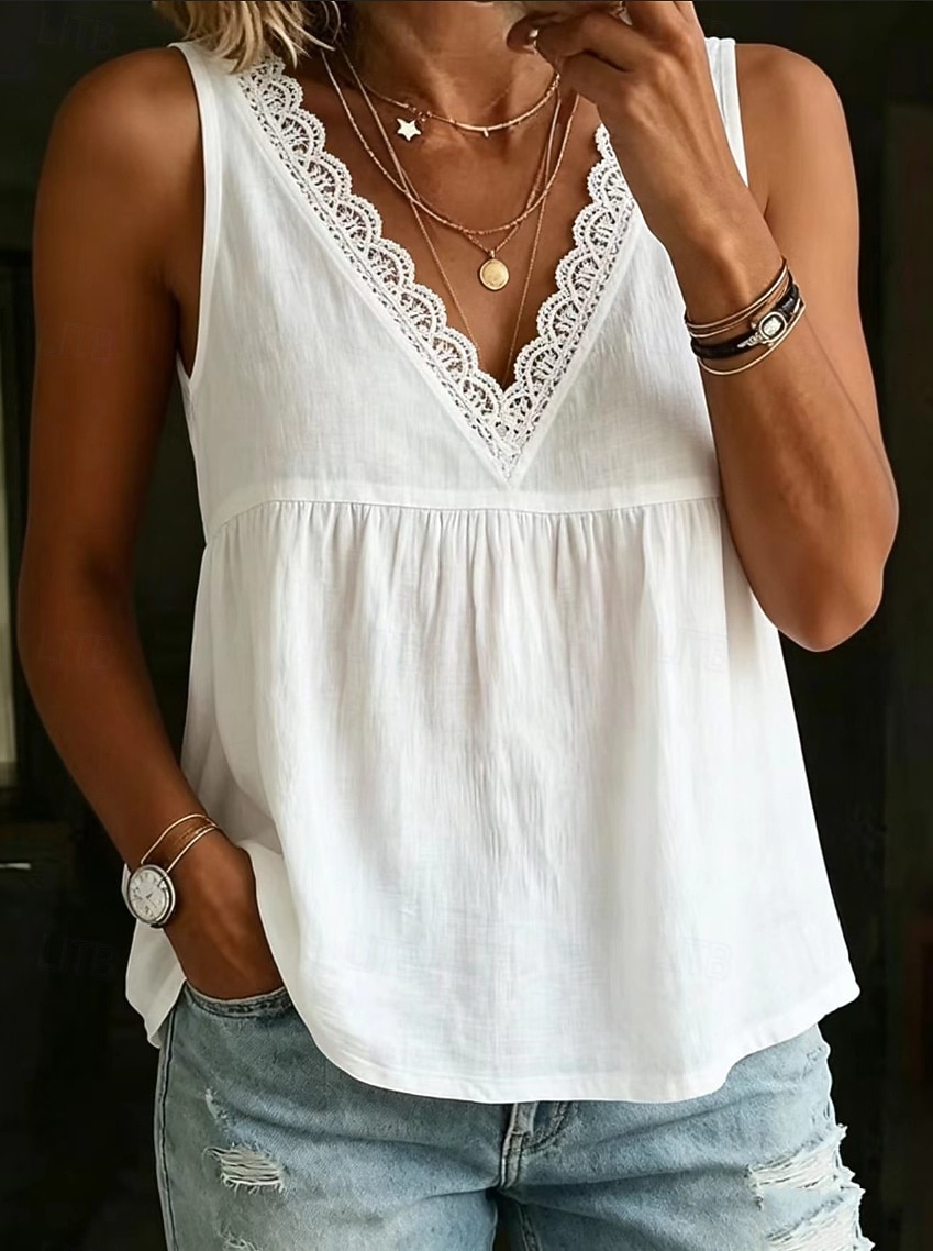 Femmes Chemisier Débardeur Dentelle Couleur Unie ancien Élégant Classique Sans manches Col en V Hauts Réguliers Occasionnel Quotidien Bleu Blanche Jaune Vert Beige Été Printemps de 2026 ? $21.99 –P1