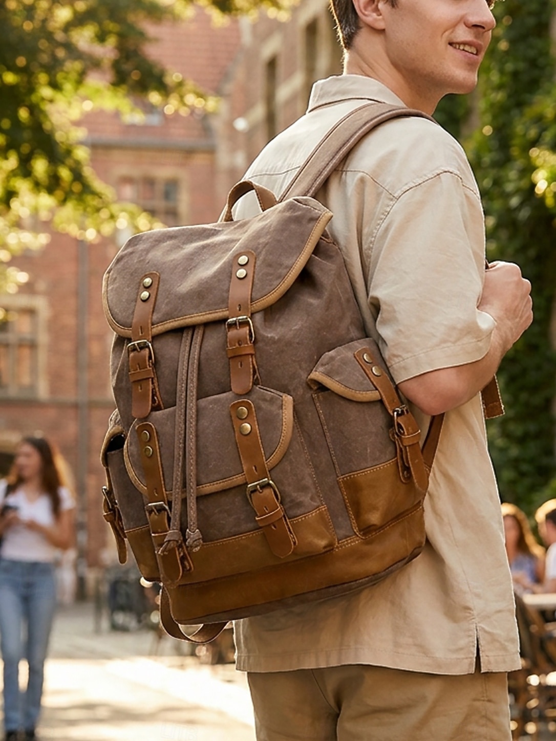 canvas backpack with leather accents Day Traveler Pewter Green side water bottle pockets Vintage Waxed Canvas Backpack for