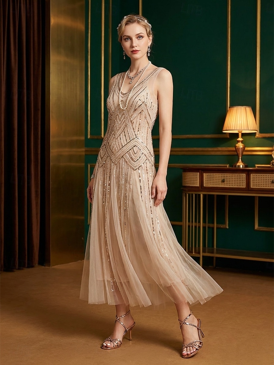 Women's 1920s Great Gatsby Shoes - Champagne Strappy Heels with Metallic Geometric Cutout for Flapper Party, Cocktail Evening & Prom 2026 - $59.99 –P1