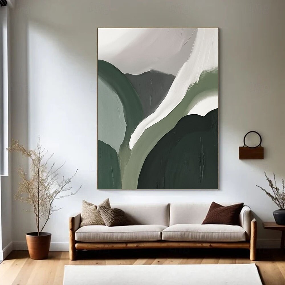 Handmade Large Sage Green Abstract Oil Painting On Canvas Minimalist ...