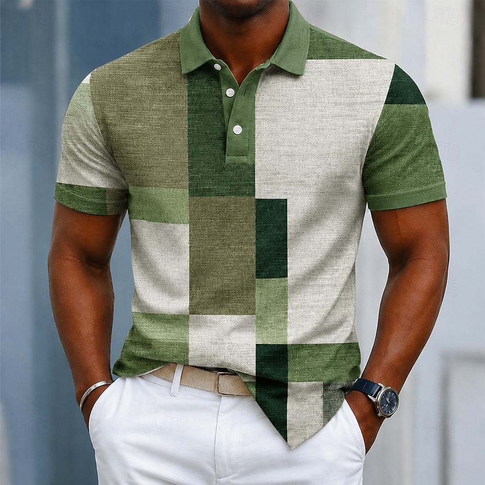 Per uomo Blocco di colori Geometrico Polo Manica Corta Magliette polo Camicie con Colletto Casual Athleisure Stampa 3D Bottoni Tessuto retato traspirante Primavera & Estate Blu Viola Verde del 2026 a $22.99 –P2