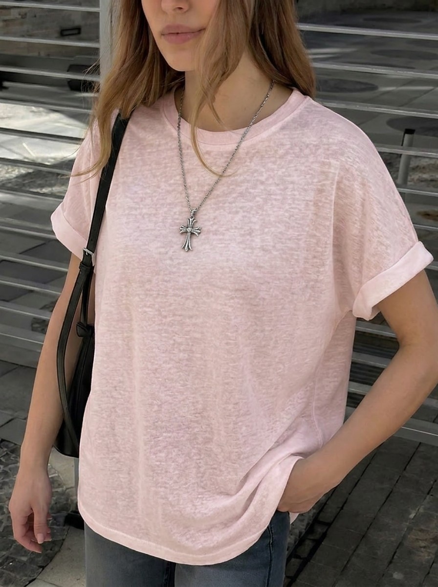Women's T Shirt Tee Top Rolled Cuff Curved Hem Solid Color Stylish Classic Short Sleeve Crew Neck Regular Tops Casual Going out Black White Pink Gray Summer Spring 2026 - $18.49 –P5