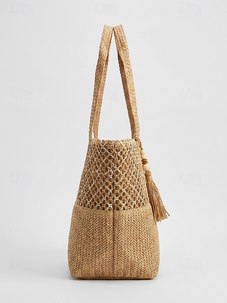 Borsa tote da donna in stile bohémien intrecciata, borsa a tracolla capiente color kaki beige da spiaggia con ciondolo a nappina, ideale per vacanze al mare, viaggi e abbigliamento casual quotidiano. del 2026 a $18.99 –P5