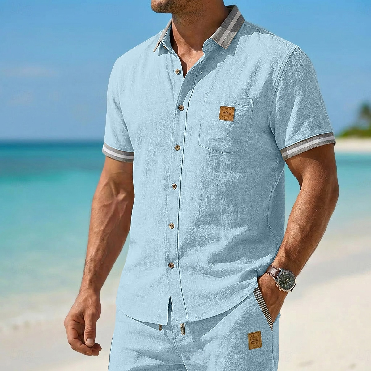 Da uomo Camicia Camicia di lino Camicia Estiva Camicia da Spiaggia Semplice Casuale Quotidiano Blu Nero Blu marino Cachi Manica Corta Colletto Estate Primavera Abbigliamento Patchwork del 2026 a $29.99 –P7