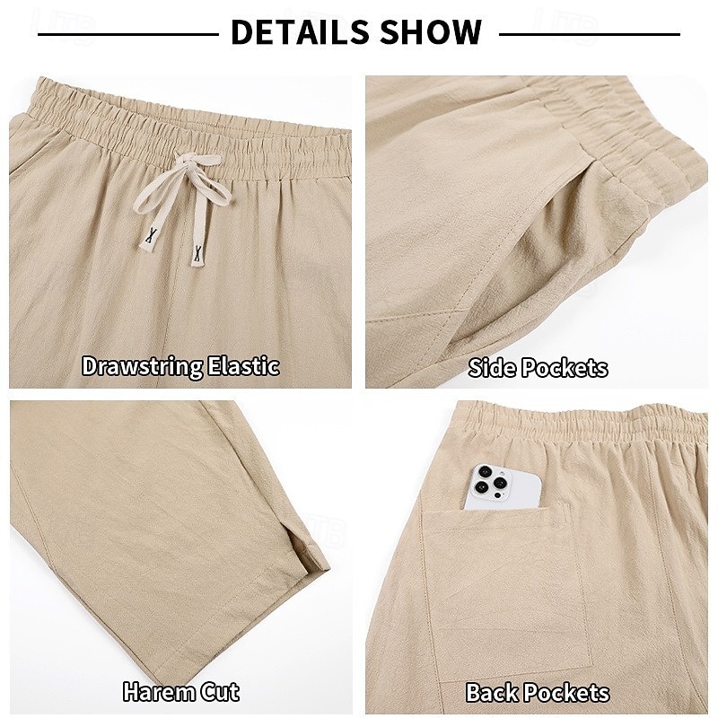 Men's Linen Pants Summer Pants Harem Pants Drawstring Elastic Waist Plain Comfort Breathable Full Length Casual Outdoor Holiday Vacation Fashion Black White Inelastic 2026 - $29.99 –P3