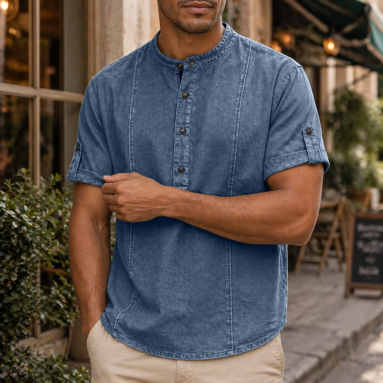 Herr Skjorta Popover skjorta Casual skjorta Färgade plagg Syratvättad skjorta Svart Marinblå Purpur Militärgrön Grå Kortärmad Slät farfars krage Ledigt Dagligen Kläder Elegant Mode Ledigt 2026 - $31.99 –P1