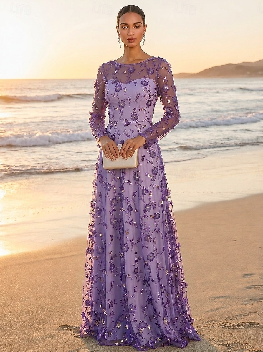 A-Line Dress Floor Length Party Dress Cocktail Dress Mother of the Bride Dress Long Sleeve Crew Neck Elegant Vintage Luxurious Formal Wedding Guest Engagement Party Lace Tulle with 3D Flowers Pleats 2026 - $171.99 –P2