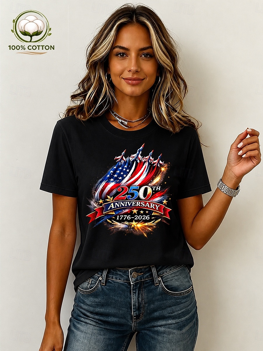 Amerikansk uavhengighetsdag Dame 100% قطن T skjorte Trykt mønster Grafisk Bokstaver Amerikansk flagg Årgang Stilfull Fritid Kortermet Crew-hals Vanlige topper Avslappet Daglig Helg Blå Svart Hvit 2026 - $24.99 –P1
