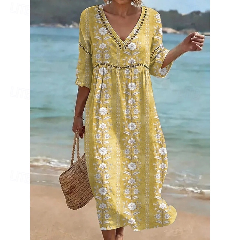 Mujer Vestido Midi Vestido de cambio Vestido de verano Vacaciones Fiesta Casual Oficina Playa Fiesta Holgado Floral Graphic Manga 3/4 Escote en Pico Amarillo Claro Blanco Verde Claro Gris Oscuro 2026 - $17.99 –P1