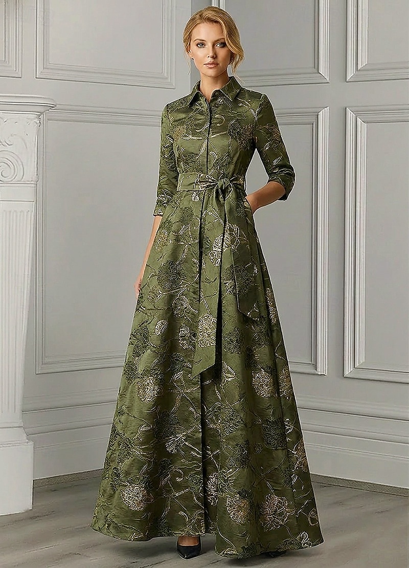 A-linje Gulvlengde Skjortekjole Formell kjole Aftenkjole Kjole til brudens mor 3/4 ermer Skjortekrage Elegant Minimalistisk Formell Bryllupsgjest Semi-formelt Jacquard med Belte / bånd 2026 - $194.99 –P5