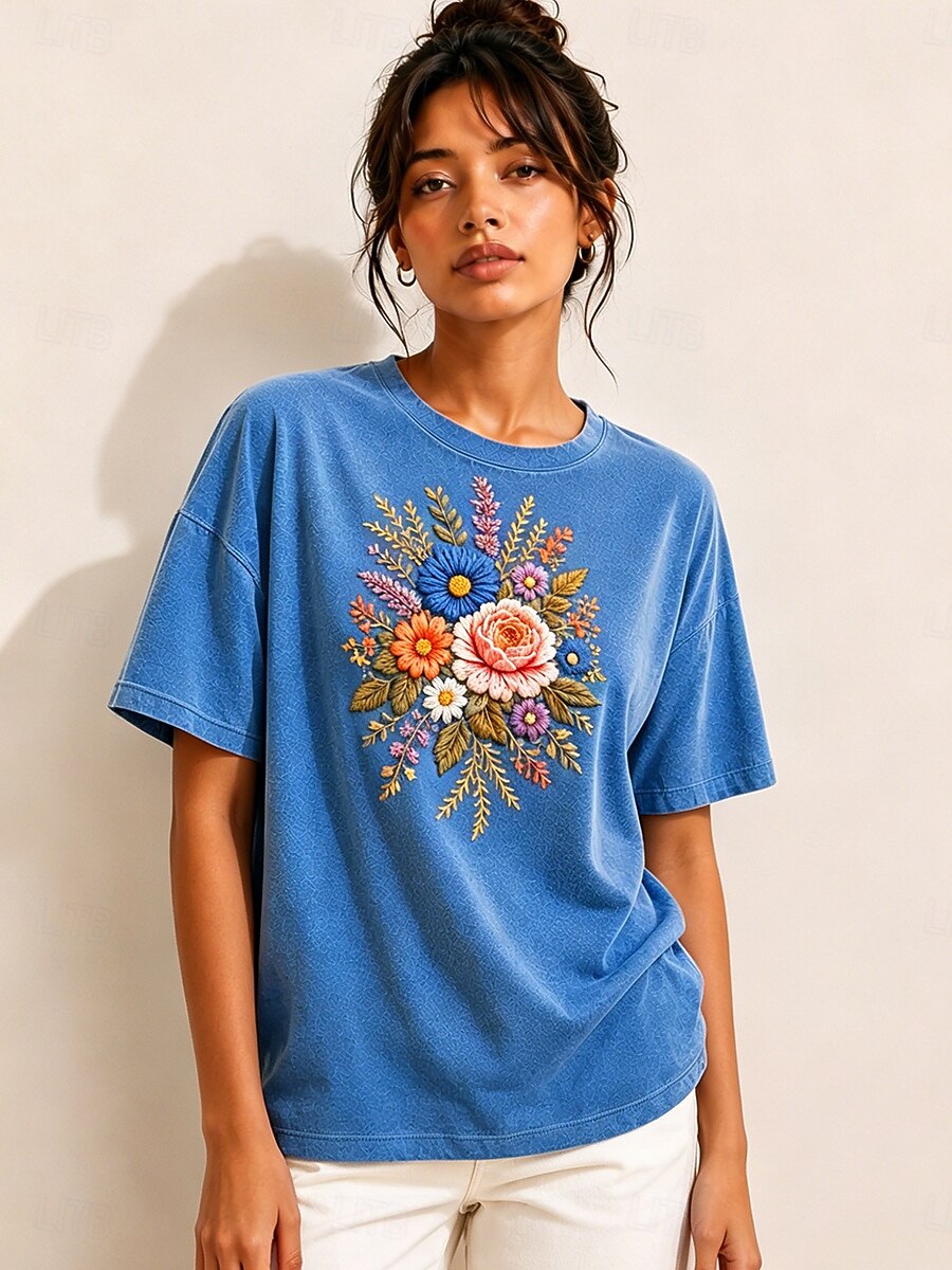 Camisa Feminina Bordada 100% Algodão T-shirt Gráfica Floral Vintage Clássica Casual com Mangas Curtas Gola Redonda Têxteis Regulares Casuais Diários de Fim de Semana Azul Rosa Verde Verão Primavera de 2026 por $33.99 –P3