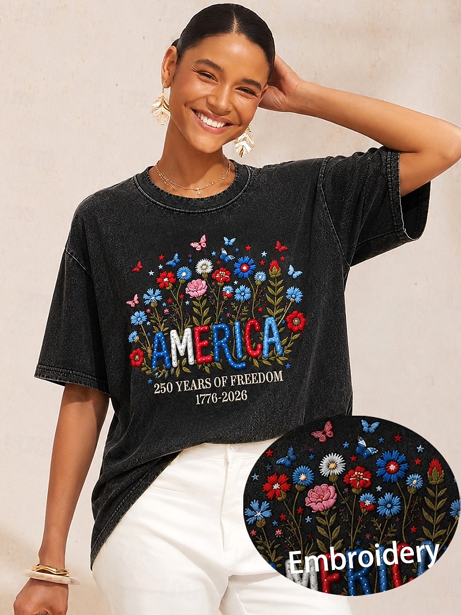 Día de la Independencia de Estados Unidos, mujer, 100% algodón, bordado, estilo vintage, elegante, manga corta, cuello redondo, tops regulares, casual, negro, verano, primavera 2026 - $33.99 –P1