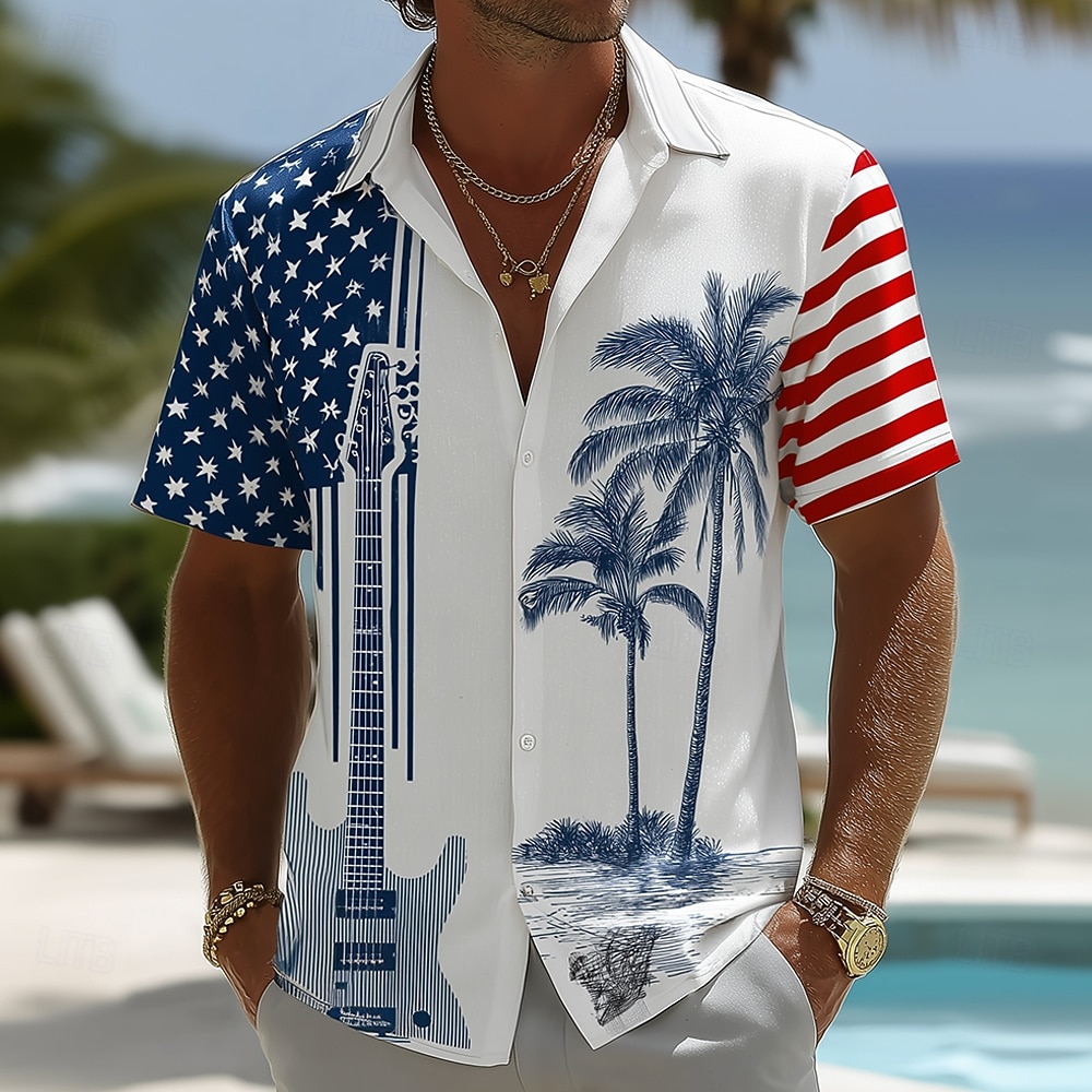Hombre 4 de julio, 250 aniversario de Estados Unidos Guitarra Bandera estadounidense Camisa Camisa de verano Camisas tropicales Manga Corta Patriótico Vacaciones Festivos Verano Primavera Cuello 2026 - $25.99 –P1