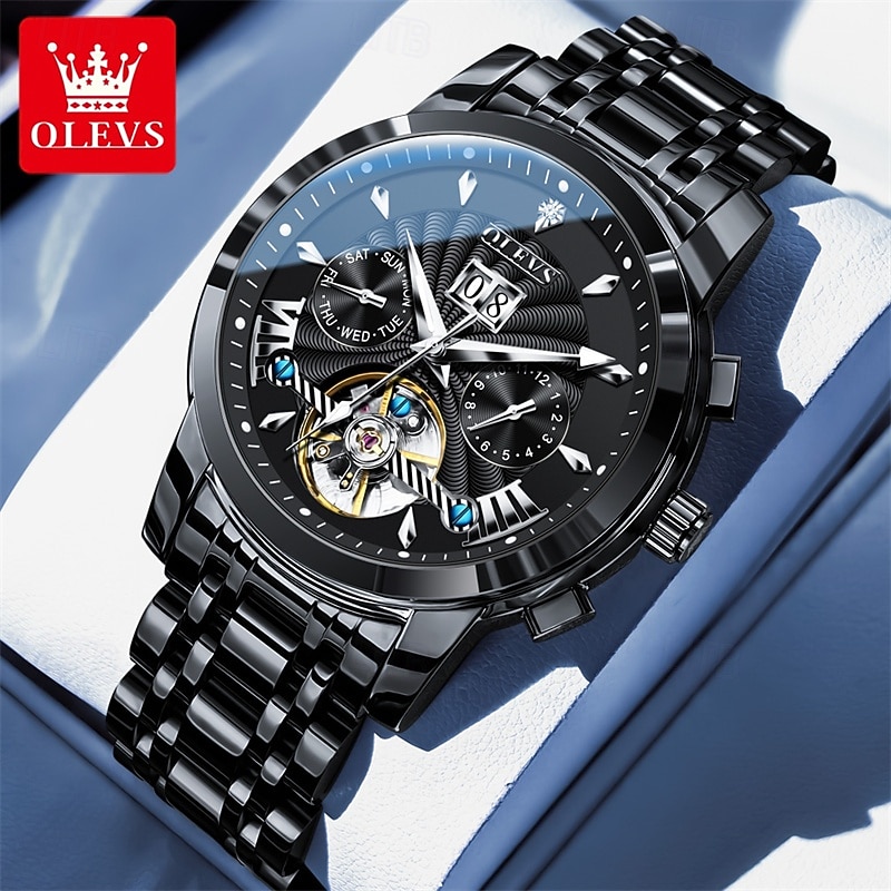 Men's Luxury Automatic Mechanical Watch, Two Tone Stainless Steel, Blue Dial Skeleton Tourbillon Style, Self-Winding Business Wristwatch with Big Date Day 24H Waterproof Luminous Gift for Him 2026 - $96.99 –P9