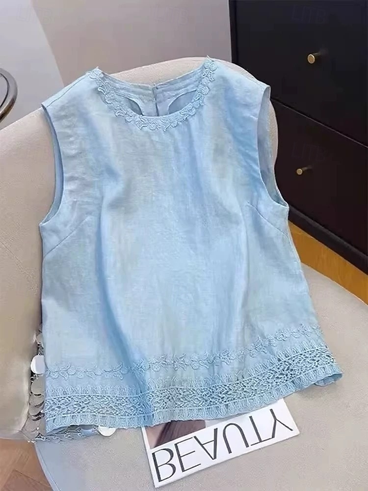 Mulheres Camisa Social Blusa Franzido Bordado Vintage Sem Manga Gola Redonda Tops regulares Azul Branco Amarelo Azul Marinha Verão Primavera de 2026 por $22.99 –P1