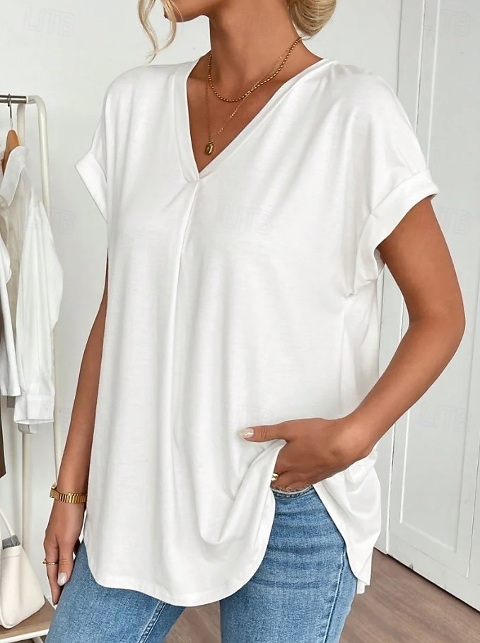 Women's Shirt Boho Shirt Pleated Elegant Vacation Daily Short Sleeve V Neck Long Tops Casual Daily Going out Black White Pink Sky Blue Green Summer Spring 2026 - $26.99 –P2