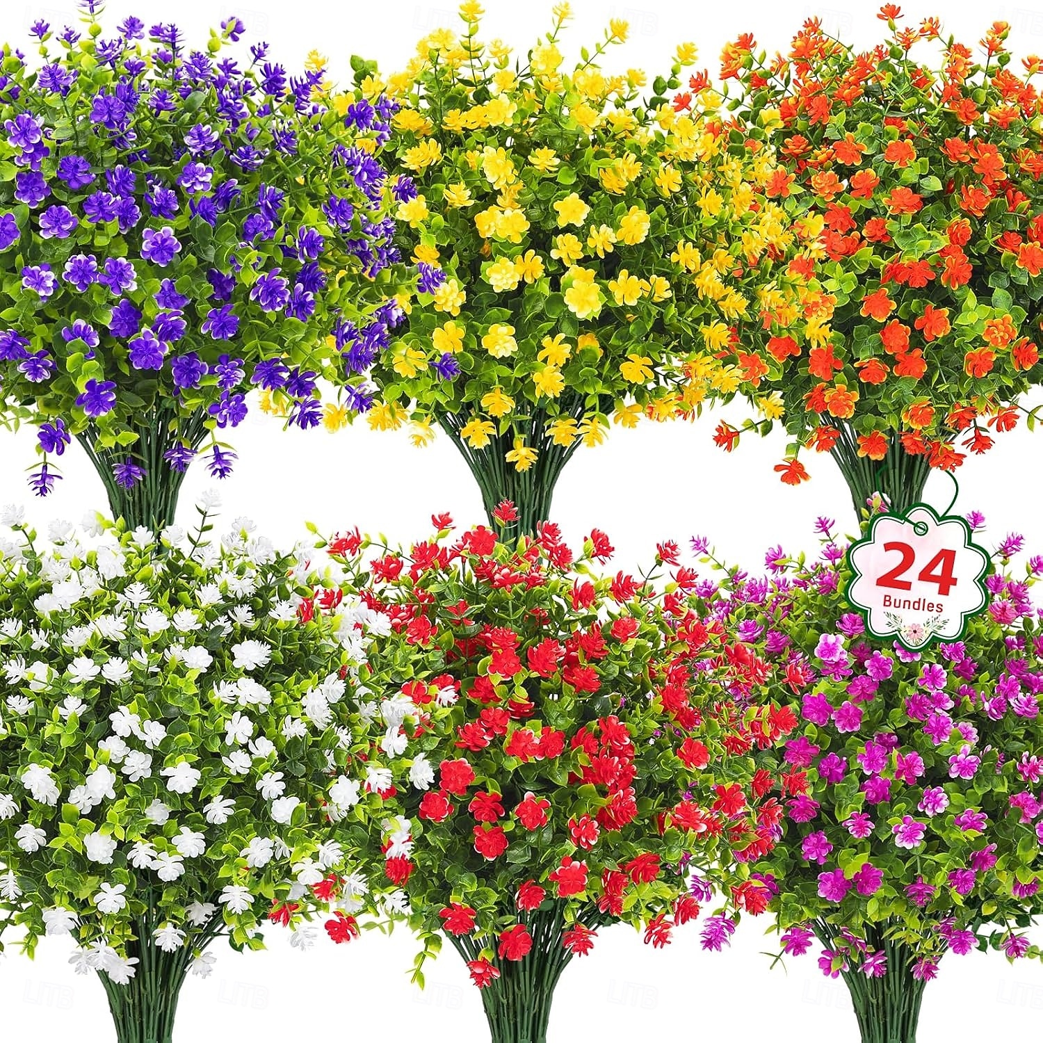 24 Bndel knstliche Blumen fr die Auendekoration, UV-bestndige  Kunstblumen, knstliches Grn, Eukalyptuspflanzen fr Frhling, Sommer,  Garten, Terrasse, Innen- und Auendekoration, mehrfarbig 2026 - 34.99