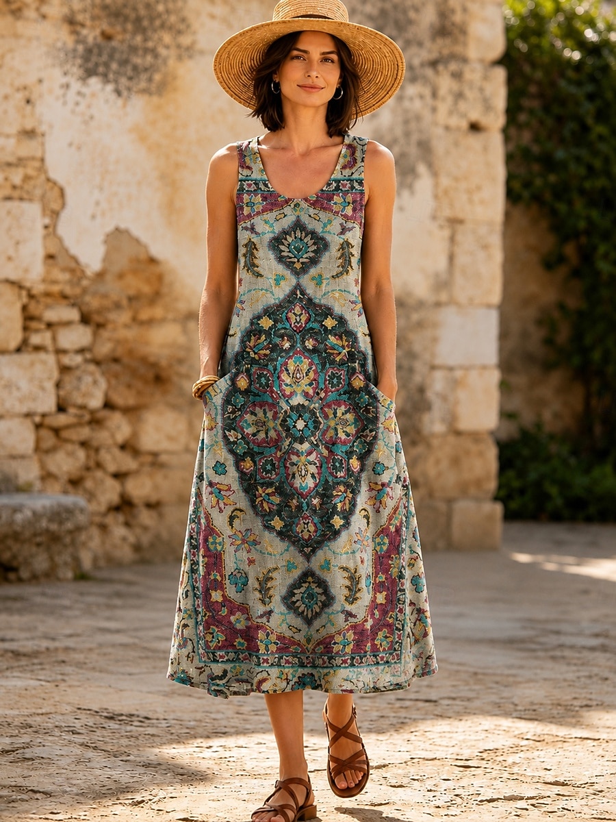 Women's Midi Dress Shift Dress Vacation Casual Boho Holiday Regular Fit Graphic Geometric Sleeveless U Neck Dusty Blue Green Summer Spring 2026 - $34.99 –P2