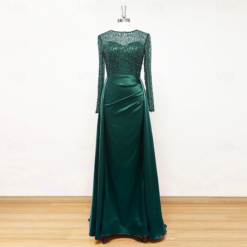 Sirena Tromba Lunghezza al pavimento Abito da Sera Elegante Brillare & Splendere Manica Lunga Scollo Illusione Carnevale Mascherata Abito Champagne per la Madre della Sposa Raso Con Paillettes con del 2026 a $183.99 –P17