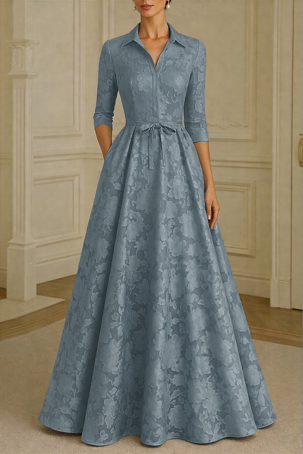 Corte A Hasta el Suelo Vestido de Camisa Vestido formal Vestido de noche Vestido de Madrina Manga Larga Cuello Camisero Elegante Vintage Formal Satén Jacquard con Lazo(s) Flor 2026 - $176.39 –P8