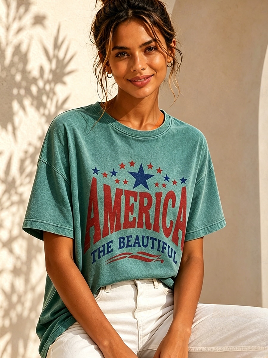 día de la independencia americana Mujer 100% Algodón Camiseta Tops lavados estilo vintage Estampado Graphic Letra Vintage Moda Elegante Manga Corta Cuello Barco Tops regulares Casual Diario Azul 2026 - $33.99 –P2
