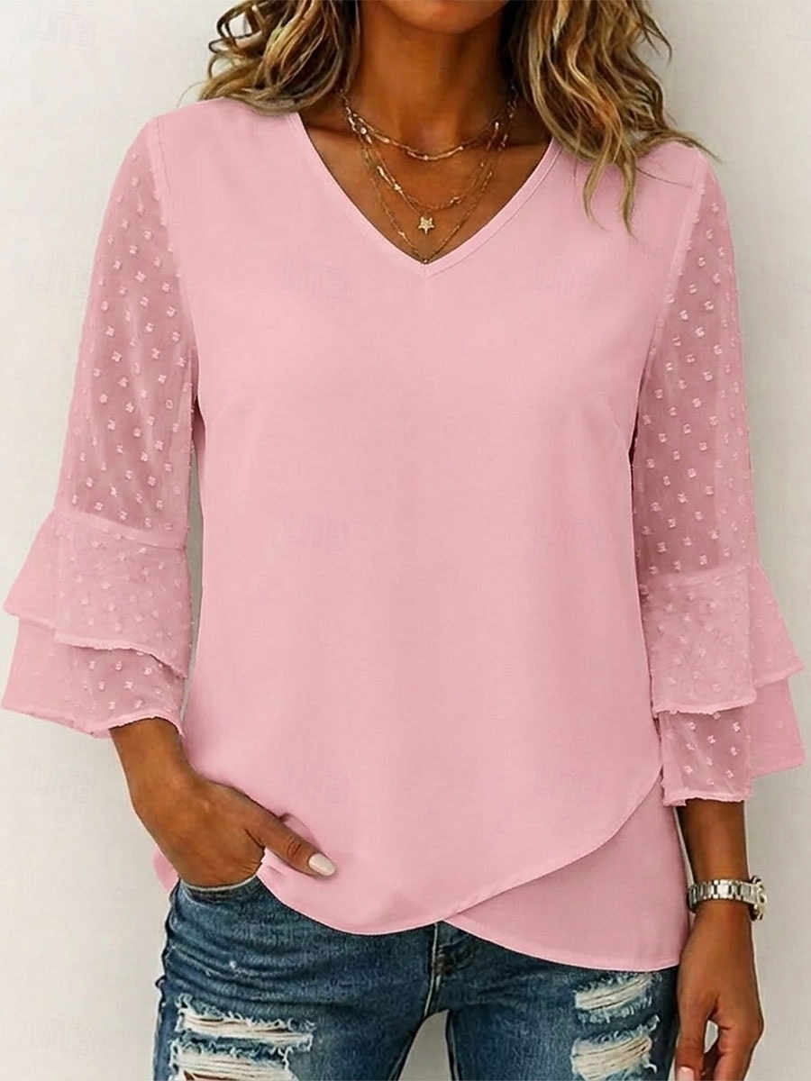 Dam T-shirt T-tröja Elegant 3/4 ärm Volangärm V-hals Vanliga toppar Ledigt Standkläder Blå Svart Vit Rodnande Rosa Grön Sommar Vår 2026 - $25.99 –P4