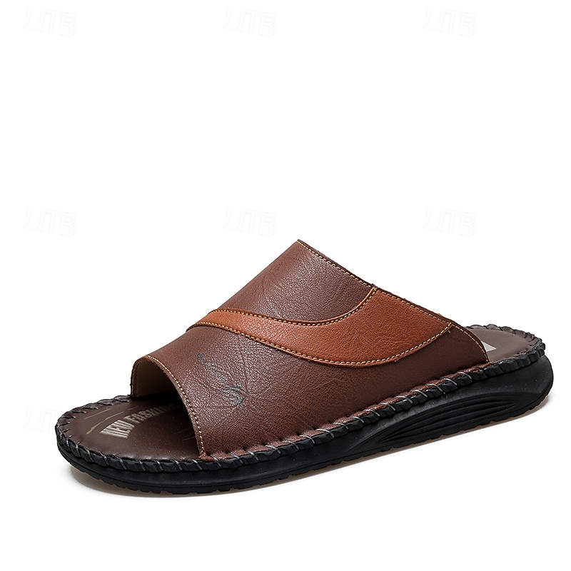 Sandálias masculinas bicolor pretas e brancas, modelo slide, com bico aberto, costuradas à mão, confortáveis e casuais para o verão, ideais para uso diário, férias, em casa e momentos de lazer ao ar livre. de 2026 por $34.99 –P9