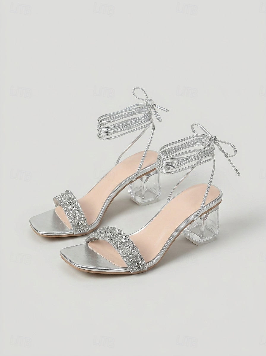 Women's Silver Block Heel Sandals with Lucite Clear Heel and Ankle Tie for Garden Wedding Guest 2026 - $42.99 –P4