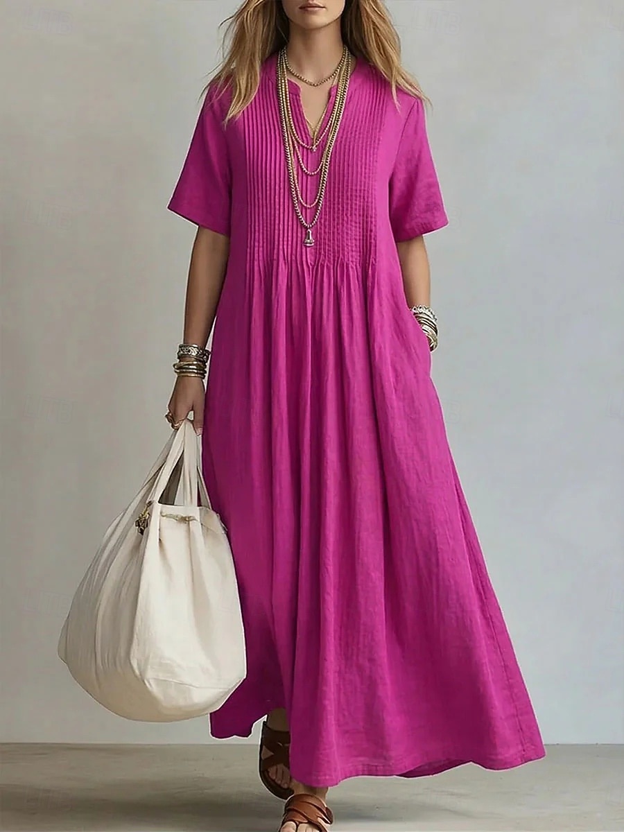 abito lungo da donna elegante stile bohémien boho con pieghe, scollo a V, maniche corte, vestibilità ampia, tinta unita, blu chiaro, azzurro, giallo, verde chiaro, estate primavera del 2026 a $15.49 –P1