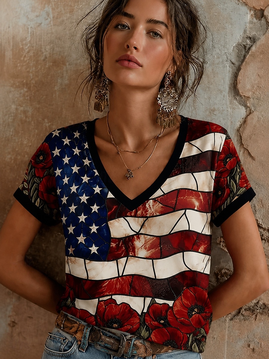 día de la independencia americana Mujer Camiseta Estampado Floral Graphic Letra Elegante Clásico Casual Manga Corta Escote en Pico Tops regulares Casual Diario Azul Piscina Negro Rojo Azul Marino 2026 - $21.99 –P6