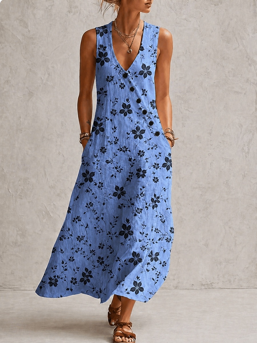 Mujer Vestido largo maxi Vestido de verano Vestido informal Vestido de una línea Elegante Vacaciones Fluido Playa Festivos Holgado Floral Graphic Sin Mangas Escote en Pico Azul Piscina Rosa Morado 2026 - $41.99 –P1