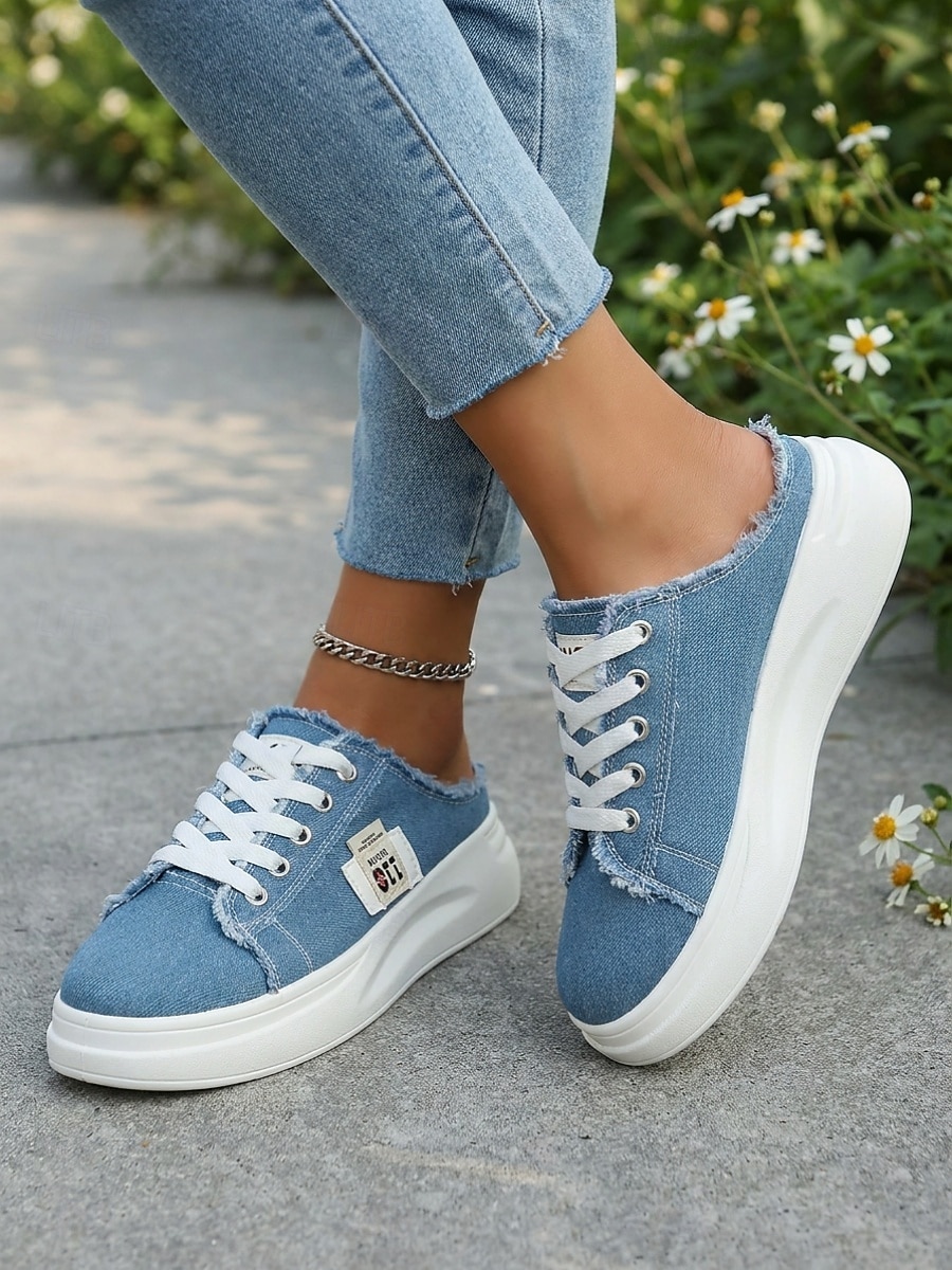 Mules compensées en denim bleu pour femme - chaussures à lacets à bords effilochés et semelle blanche, confortables et décontractées, idéales pour les voyages d'été et la marche. &vêtements de tous de 2026 ? $32.99 –P1
