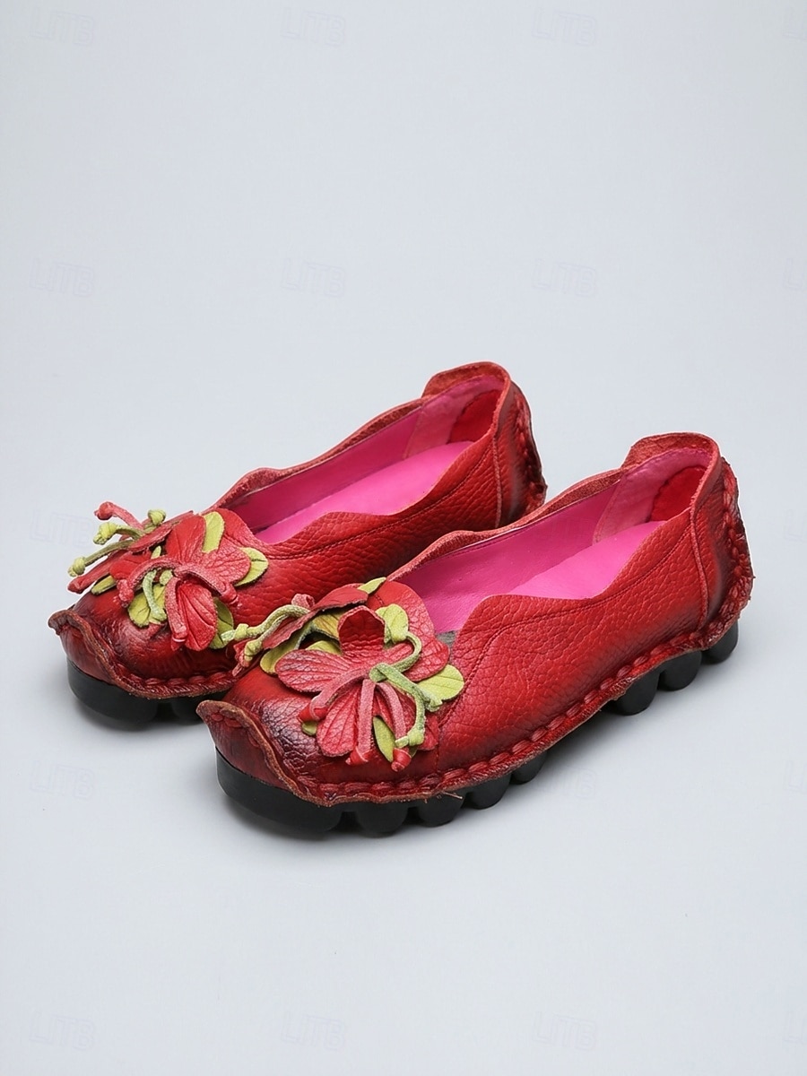 Ballerines confortables en cuir de vachette rouge premium pour femme - légères et confortables toute la journée, ornées d'appliqués floraux faits main, avec semelle antidérapante, idéales pour la de 2026 ? $46.99 –P2