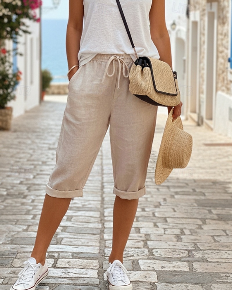 Women's Cotton Linen Shorts Capri Pants Chinos Summer Shorts Vacation Streetwear Casual Knee Length Medium Waist Plain Drawstring Pocket Comfortable Breathable Inelastic Daily Outdoor Street 2026 - $19.99 –P8